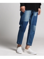 パッチダメージストレッチデニムパンツ/ブラック(019)