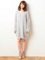 チュールフラワースリーブニットワンピース/ブルー