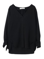 袖リボンＶネックブラウス/ブラウン