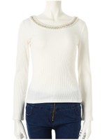 襟ぐりビジューカットソー/グレー