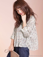 プリントギャザーブラウス/ネイビー