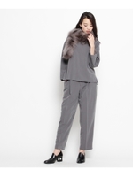 Vネックブラウス+タックパンツセットアップ/チャコールグレー(014)