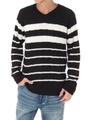 【AZUL by moussy】WashableケーブルパネルボーダーVネックプルオーバー/BLK