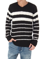 【AZUL by moussy】WashableケーブルパネルボーダーVネックプルオーバー/BLK