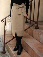 ウエストリボンフロントスリットタイトスカート/ベージュ