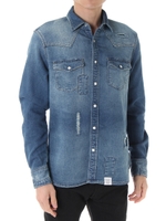 【AZUL by moussy】ドビーデニム長袖リペアウエスタンシャツ/BLU