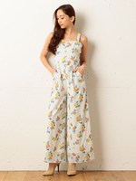 バックリボンフラワープリントオールインワン/ベージュ