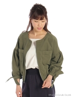 袖リボンノーカラーブルゾン/キャメル