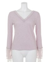 【Omekashi】レース使いVネックティー/ピンク