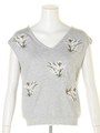 Vネック半袖刺繍ニット/ライトグレー