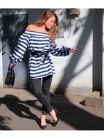 【LATINA】ボリュームスリーブベルト付き オフショルダーボーダーチュニック/NVY