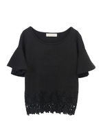 【プルオーバー】フレアスリーブ裾レースプルオーバー/ブラック