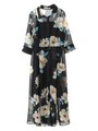 【プルオーバー】シフォン花柄プリントガウンワンピース/ブラック