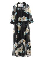 【プルオーバー】シフォン花柄プリントガウンワンピース/ブラック