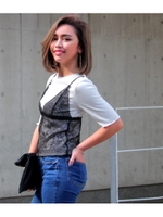 【Latina】レースキャミソール×テレコリブTシャツSET/ブラック(027)