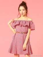 オフショルウエストリボンワンピース/ブルー