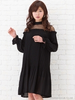 【Marie Hill】ドットチュール切替えプリーツワンピース/ブラック