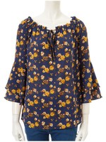 ラッフルスリーブ花柄オフショルブラウス/ネイビー