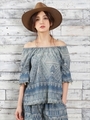 抜染PRTテンセルDENIM ラッフル袖オフショルダーブラウス/ブルー