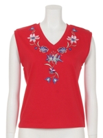 FLOWER EMBROIDERY Vネックタンク/レッド