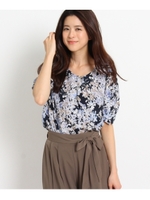 〔洗える〕水彩風フラワープリントブラウス/ネイビー(193)