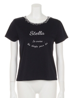 衿ぐりビジュークルーネックロゴTシャツ/ネイビー