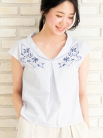 Vネック刺繍ブラウス/ネイビー