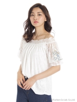 袖口ギャザーオフショル花刺繍A/オフホワイト