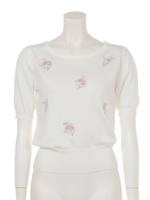 フラワー刺繍半袖PO/ネービーブルー