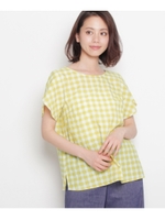 【15(3L/ミセス)、17(4L/ミセス)　WEB限定サイズ】ギンガムチューリップ袖シャツ/ネイビー(293)