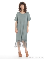 コットンモダール天竺編み込みフリンジワンピース/ピンク