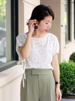 星柄ギャザーフレンチスリーブ/オフ/柄