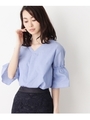 袖シャーリングストライプブラウス/ブルー(392)
