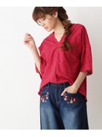 スカラップ刺繍レース異素材ブラウス/オレンジ(067)
