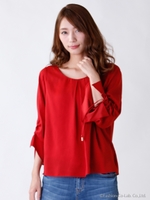 シャーリング袖サテンブラウス/ネイビー