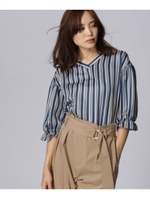 [L]〔洗える〕袖シャーリングストライプシャツ/ブルー(192)