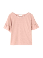 ビジュー付ギャザースリーブフライスカットソー/ピンク(090)