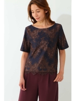 配色フラワーレースブラウス/ネイビー(120)