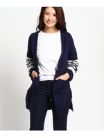 【洗える】ボーダー切り替えニットカーディガン/ネイビー(393)