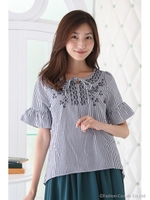 刺しゅうフレア袖BL/ストライプ