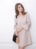 袖刺繍サックワンピース/ピンク