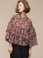 フラワープリントギャザーブラウス/ボルドー