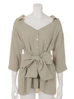 ウエストリボン7分袖ブラウス/ベージュ