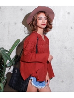 【CHILLE】レース切替袖スリットトップス/ブラック(027)