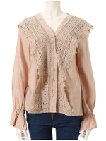 レースデザインバックリボンブラウス/ベージュ