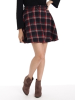 ベルト付シャギーチェックフレアスカート/アカ