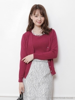 襟ぐりパーツアンサンブル(7分袖ニット+カーディガン)/濃ピンク