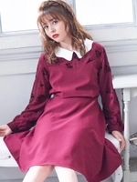 フラワードットフロッキー衿付ワンピース/レッド柄