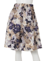 ぼかし花柄ウエストギャザーフレアスカート/ピンクボルドー