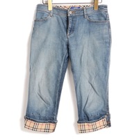 ウォッシュド加工チェック切替ハーフデニムパンツ 36 バーバリーブルーレーベル 76159 BURBERRY BLUE LABEL ブルー レディース